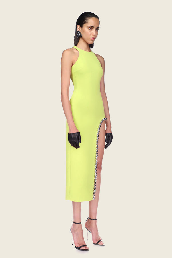 David Koma Metal Ball Chain Midi Dress in Neon Yellow