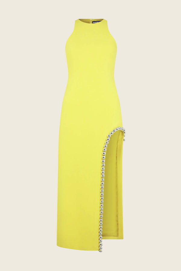 David Koma Metal Ball Chain Midi Dress in Neon Yellow