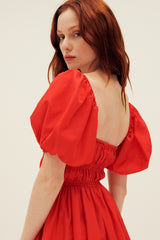 Matteau Shirred Peasant Mini Dress in Rosso