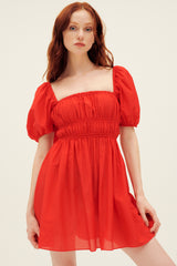 Matteau Shirred Peasant Mini Dress in Rosso