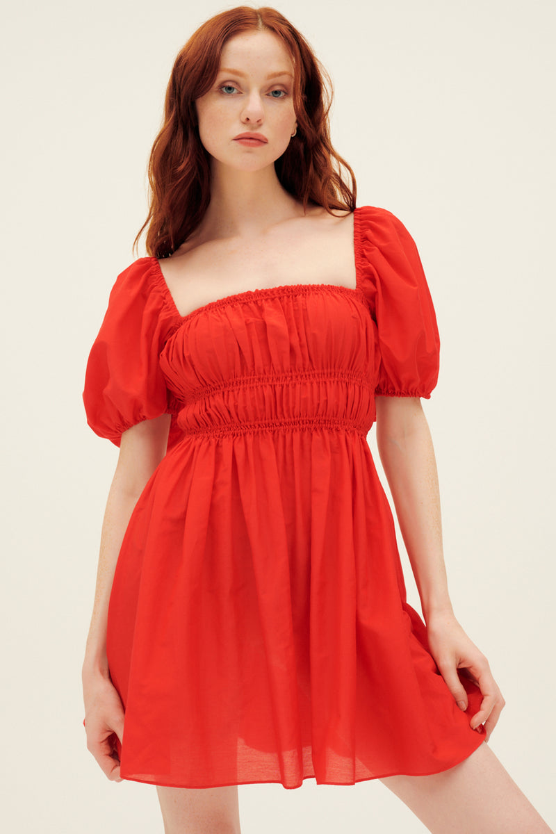 Matteau Shirred Peasant Mini Dress in Rosso