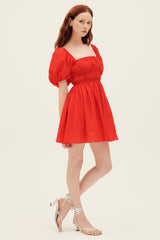 Matteau Shirred Peasant Mini Dress in Rosso