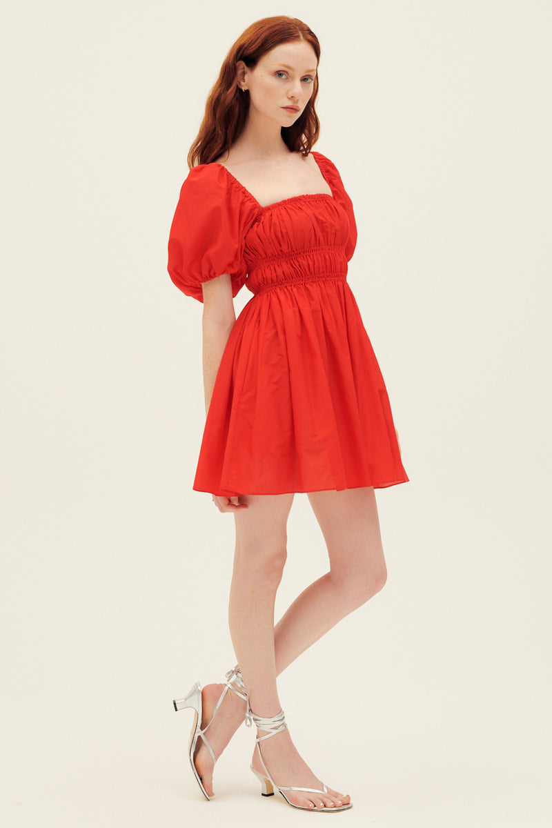 Matteau Shirred Peasant Mini Dress in Rosso