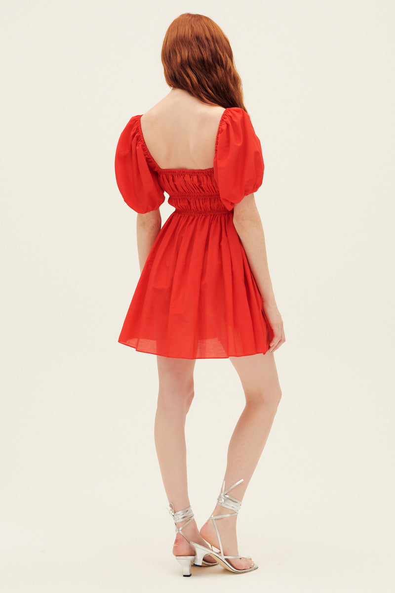 Matteau Shirred Peasant Mini Dress in Rosso