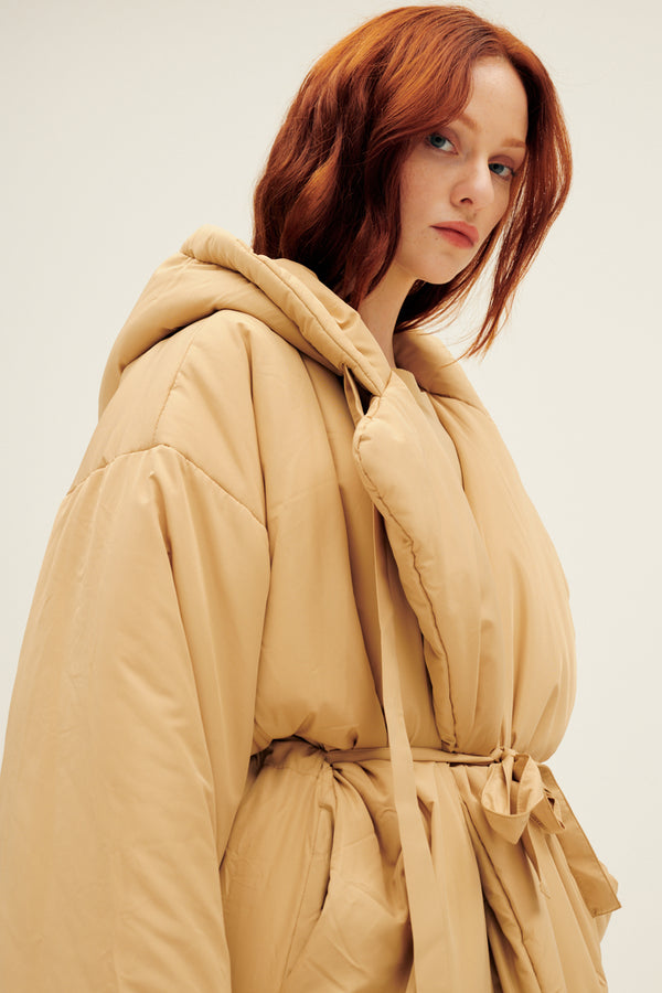 Hooded Sleeping Bag Coat to Midcalf Sand