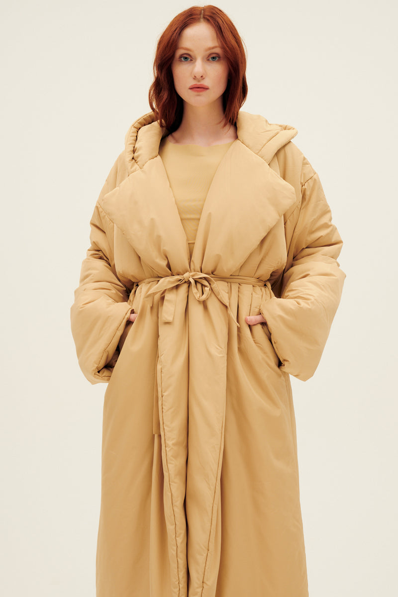 Hooded Sleeping Bag Coat to Midcalf Sand