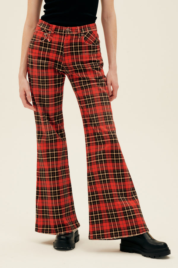 R13 Janet Relaxed Flair Jean in Printed Red Plaid