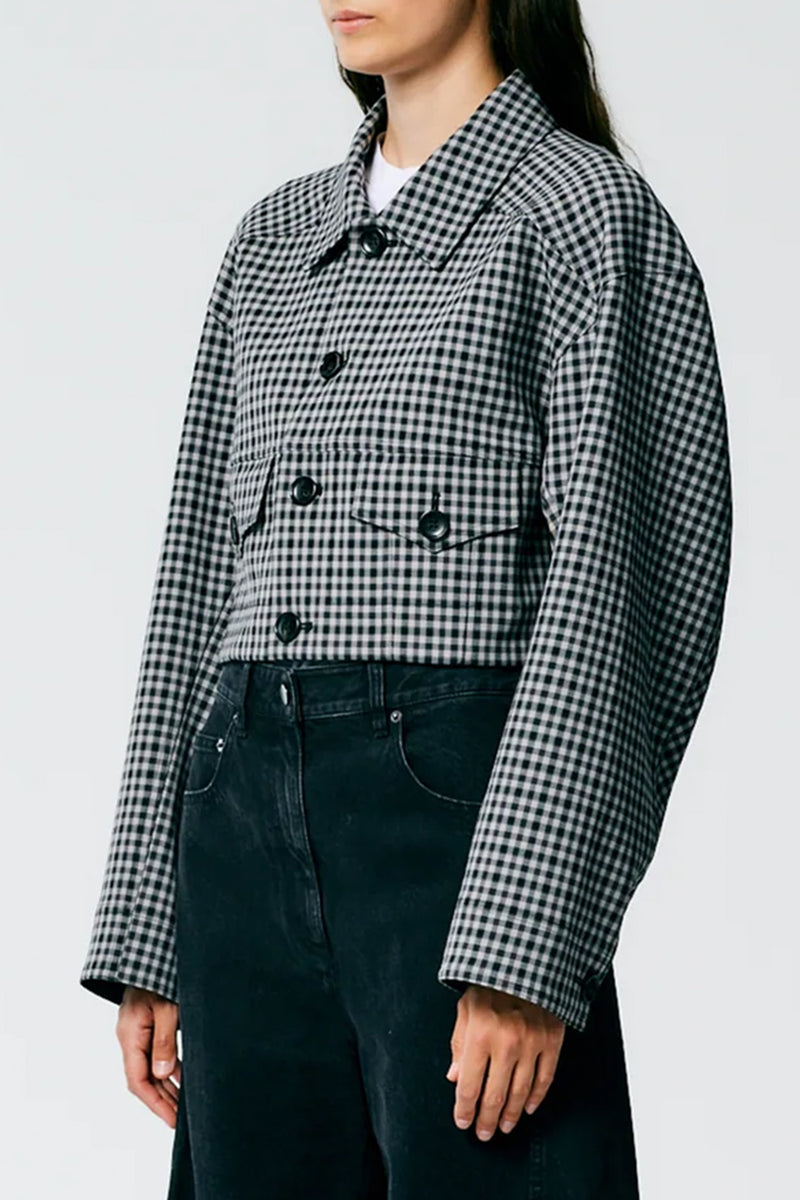 Double Faced Menswear Check Cropped Jean Jacket