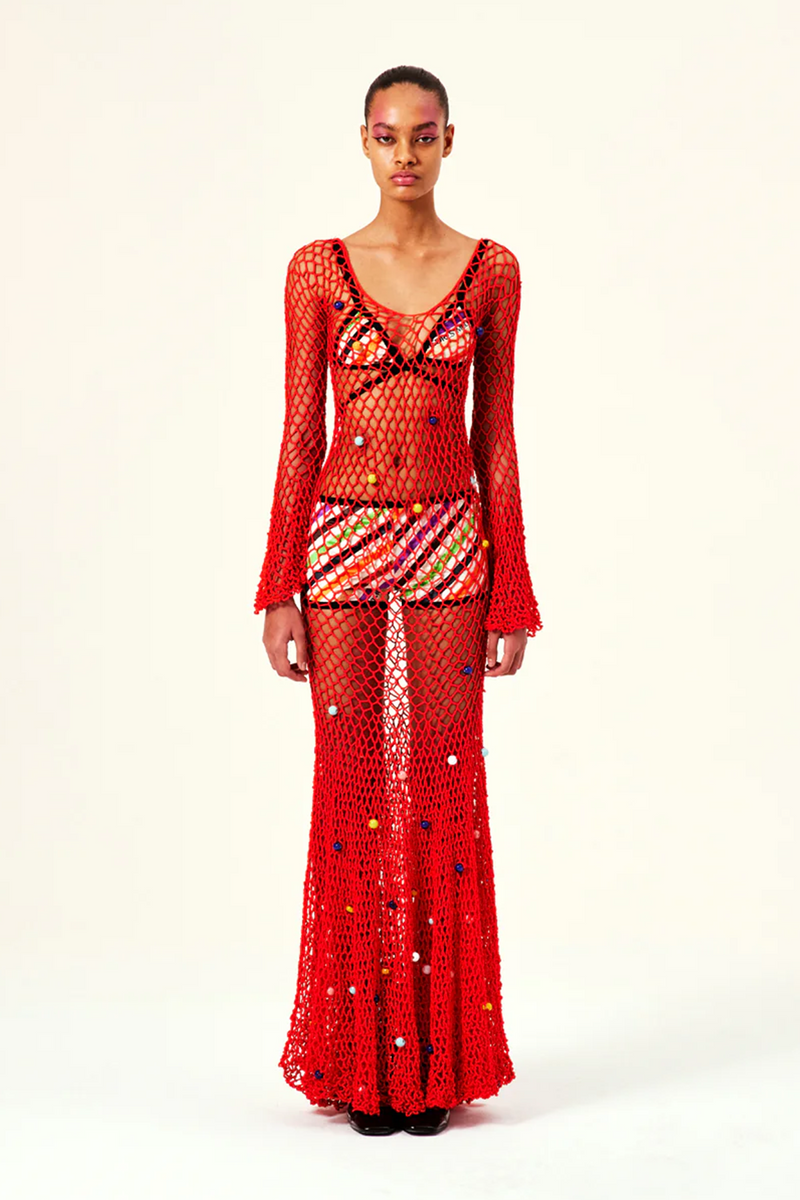 Siedres Willow Hand Knit Flared Maxi Dress With Multicolor Beads