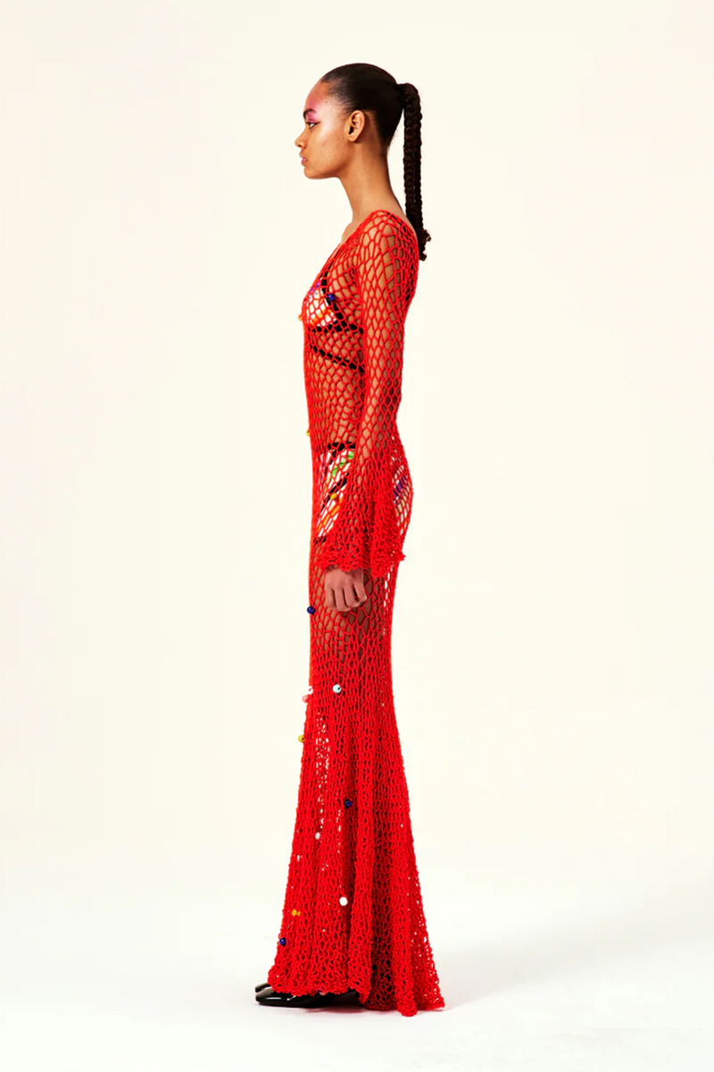 Siedres Willow Hand Knit Flared Maxi Dress With Multicolor Beads