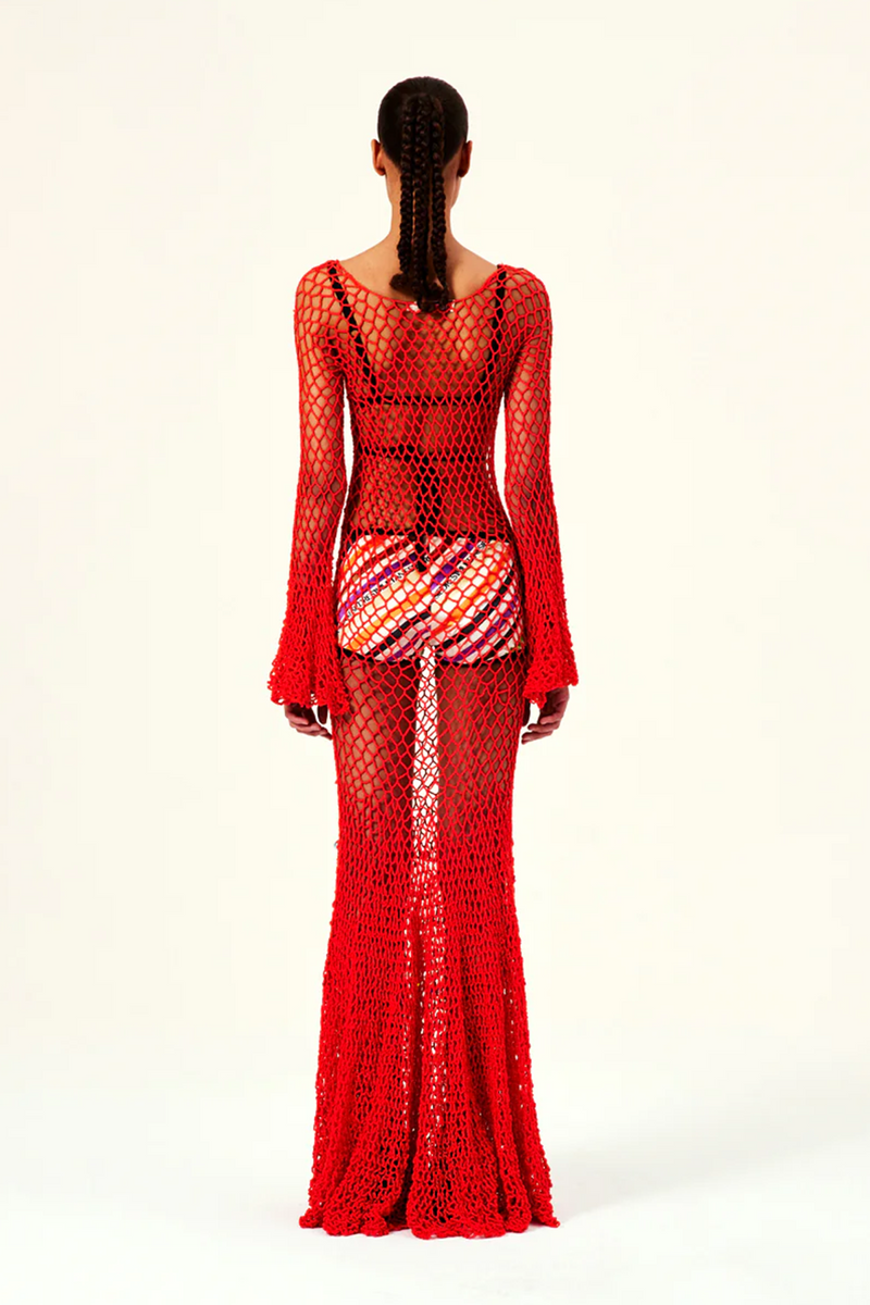 Siedres Willow Hand Knit Flared Maxi Dress With Multicolor Beads