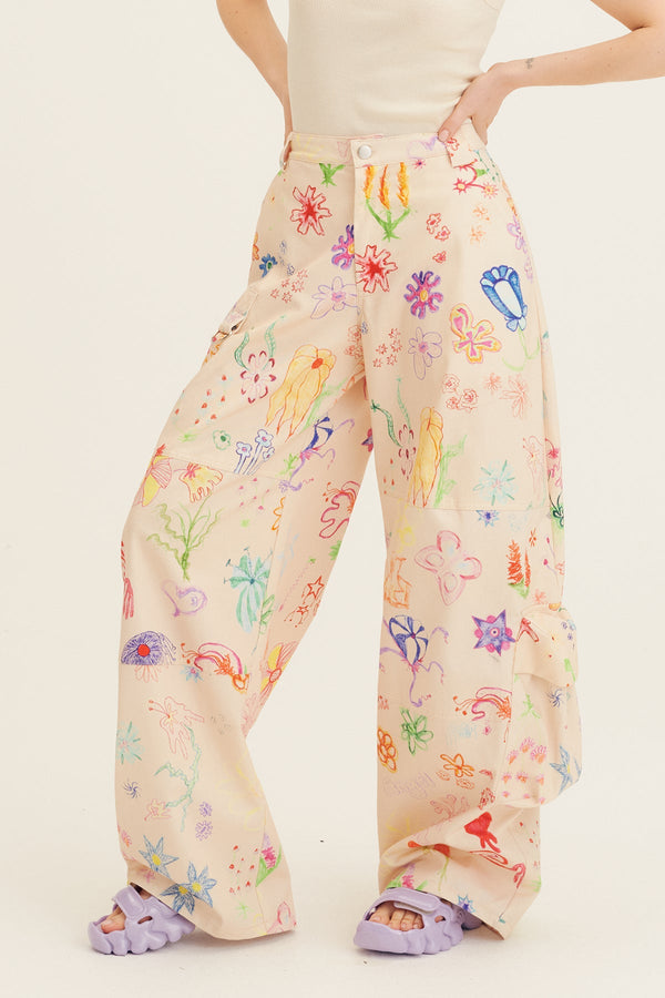 Lawn Cargo Pant In Floral Doodle