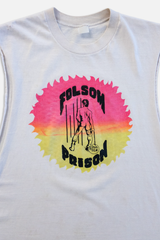 folsom prison ombre pink and yellow logo on a vintage white cut-off muscle t-shirt.