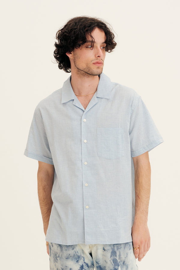 Cotton Short Sleeve Solid Shirt in Blue