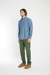 chambray blue button up shirt.