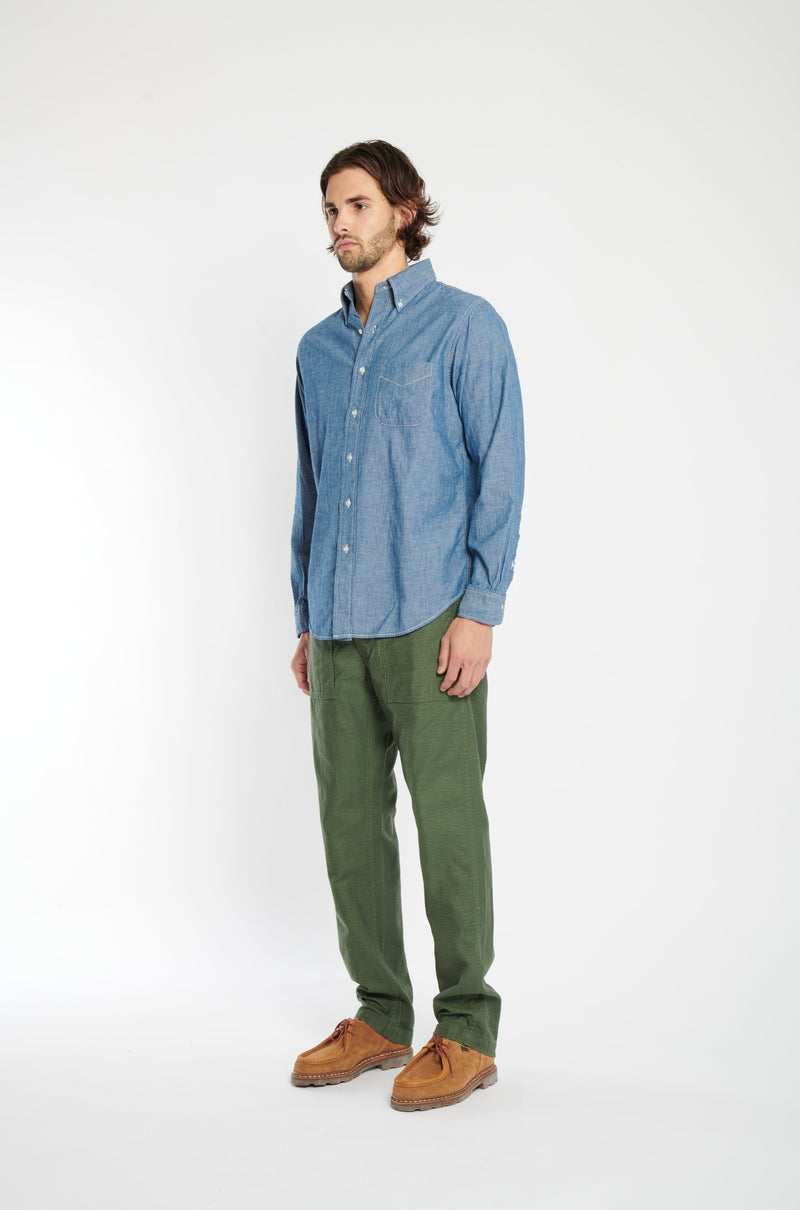 chambray blue button up shirt.