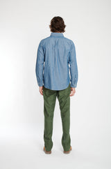chambray blue button up shirt.