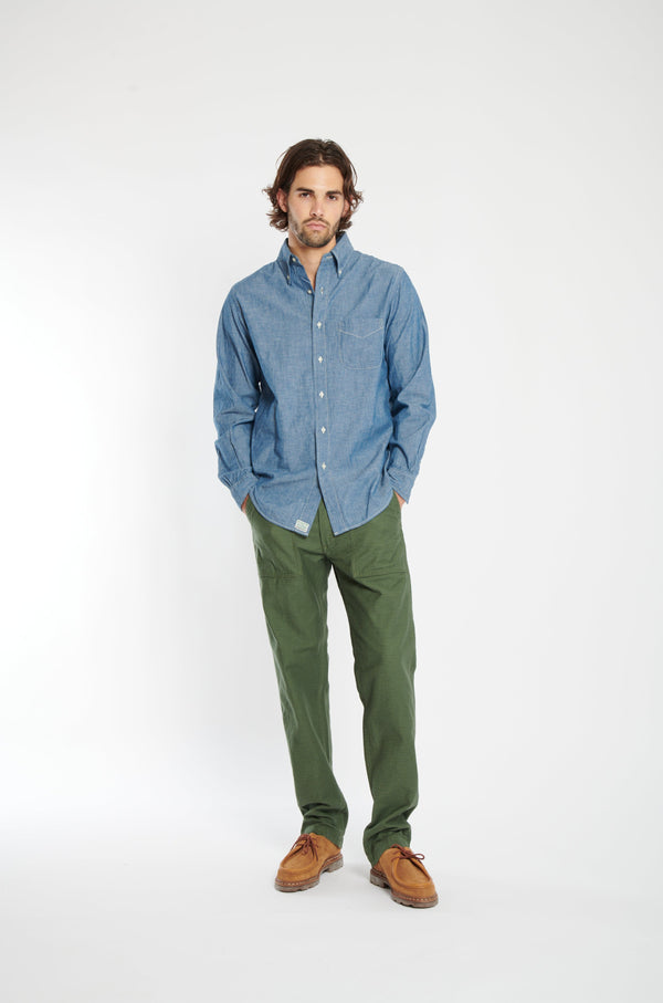 chambray blue button up shirt.