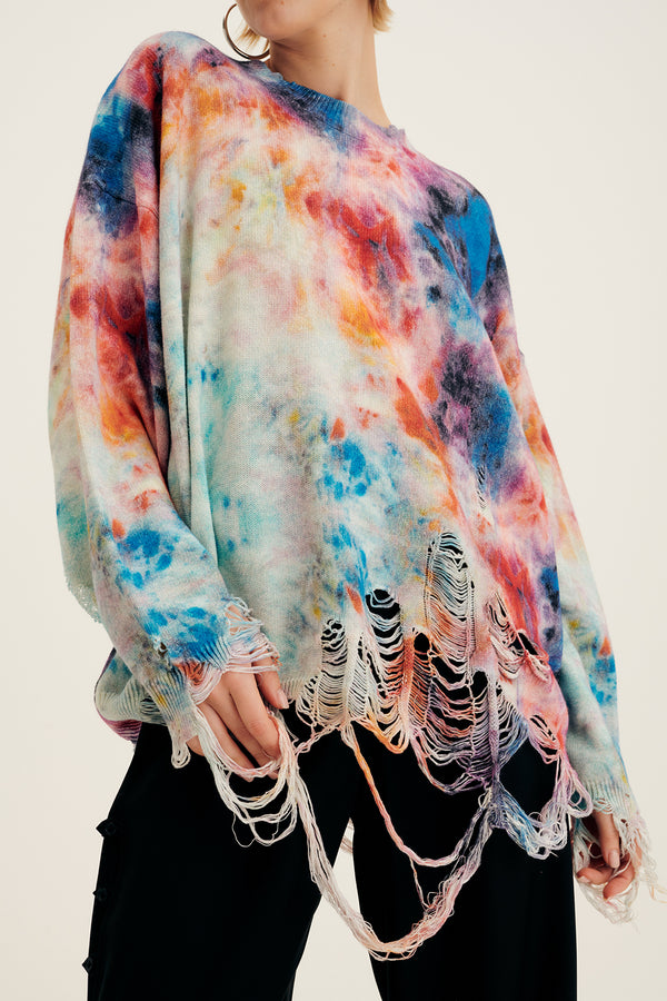 R13 Printed Tie-Dye Destroyed Oversized Pullover