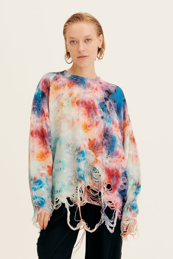R13 Printed Tie-Dye Destroyed Oversized Pullover